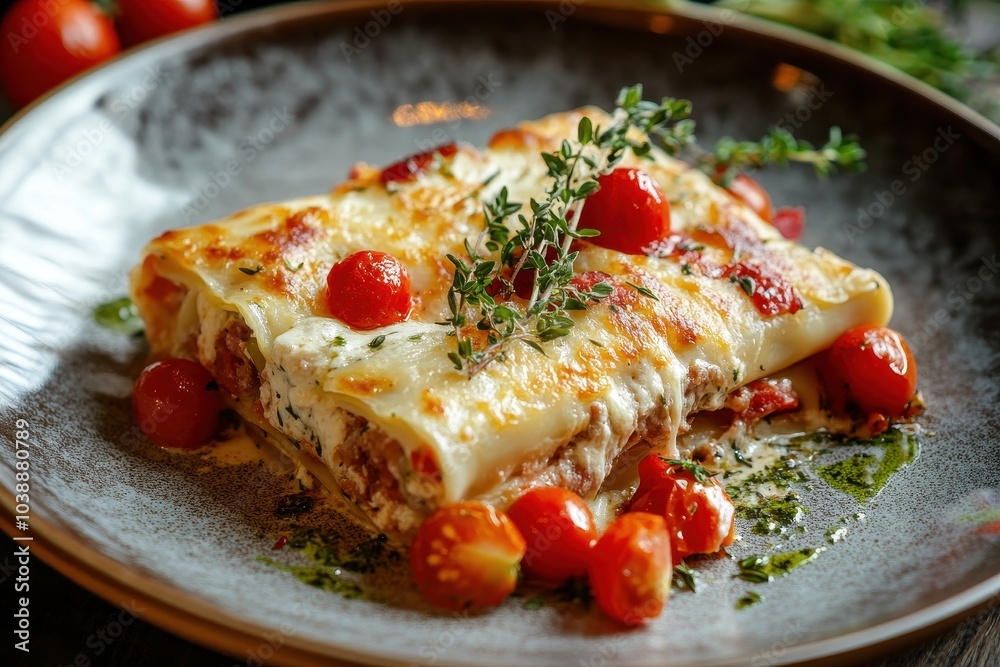 Italian pasta tubes filled with meat cheese tomatoes and thyme Italian pasta tubes filled with meat cheese tomatoes and thyme