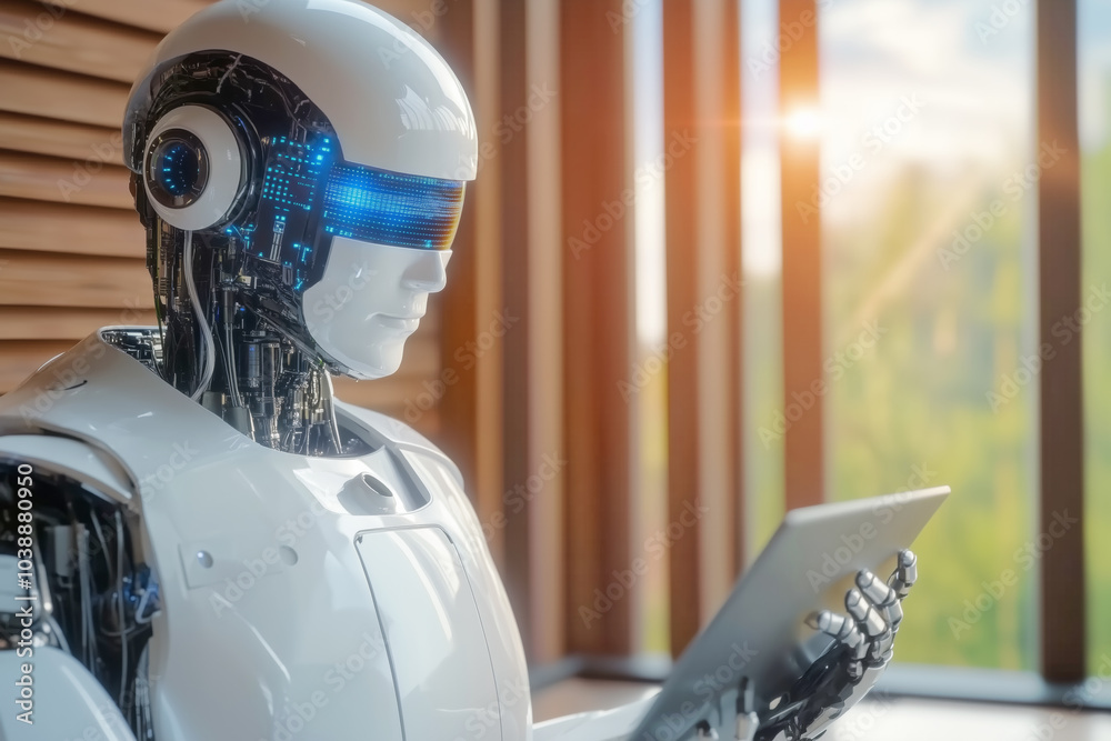 Futuristic robot analyzing data on a tablet in a modern office with natural light Futuristic robot analyzing data on a tablet in a modern office with natural light