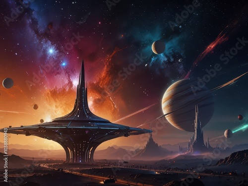 eiffel tower city, Sci-fi scene, mountainous landscape of an alien planet. Multiple moons dominate the purple-pink sky and dramatic clouds catch the ethereal light