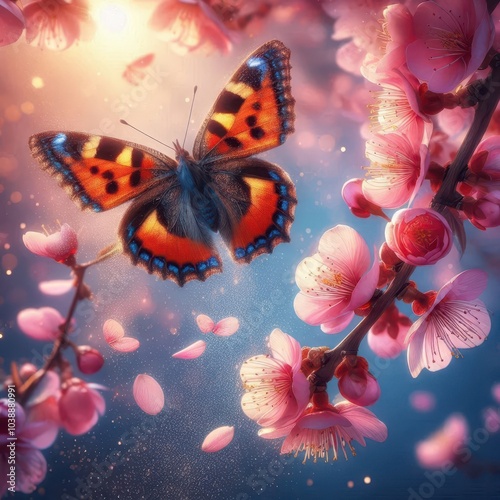 butterfly on flower, butterfly hovering near a cherry blossom branch