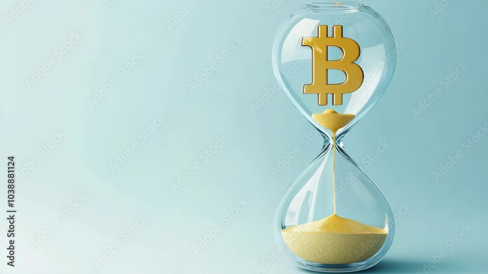 A golden bitcoin symbol inside an hourglass with sand slowly running down, symbolizing the concept of time and cryptocurrency value on a light blue background
