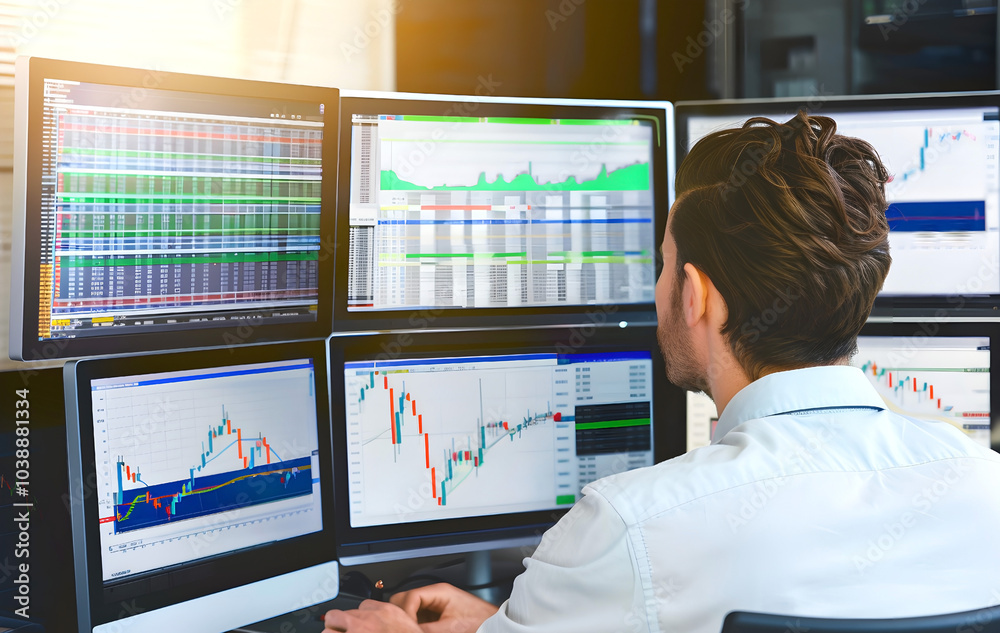 Man analyzing financial data on multiple monitors, tracking stock market trends and charts in a trading environment Man analyzing financial data on multiple monitors, tracking stock market trends and charts in a trading environment