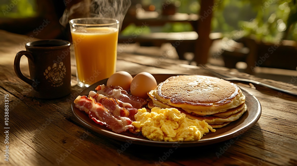 A hearty breakfast plate with golden pancakes, scrambled eggs, crispy bacon, orange juice, and a steaming mug of coffee served on a rustic wooden table. A hearty breakfast plate with golden pancakes, scrambled eggs, crispy bacon, orange juice, and a steaming mug of coffee served on a rustic wooden table.