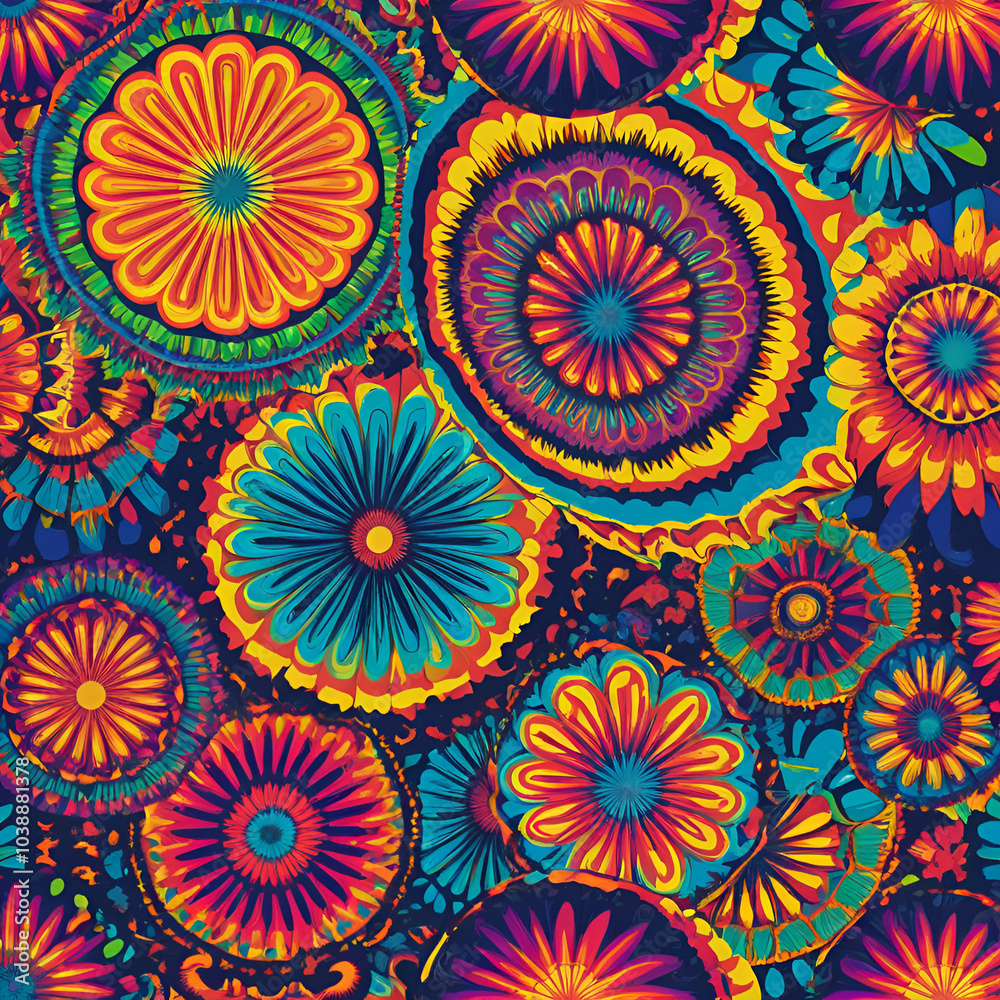A psychedelic illustration of floral circles with vibrant colors and abstract patterns, perfect for eye-catching and creative designs.. Repeated pattern.