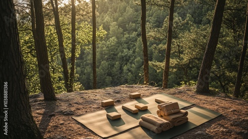 Pristine yoga setup in a quiet forest glade, yoga mats and blocks placed carefully, Zen natural style photo