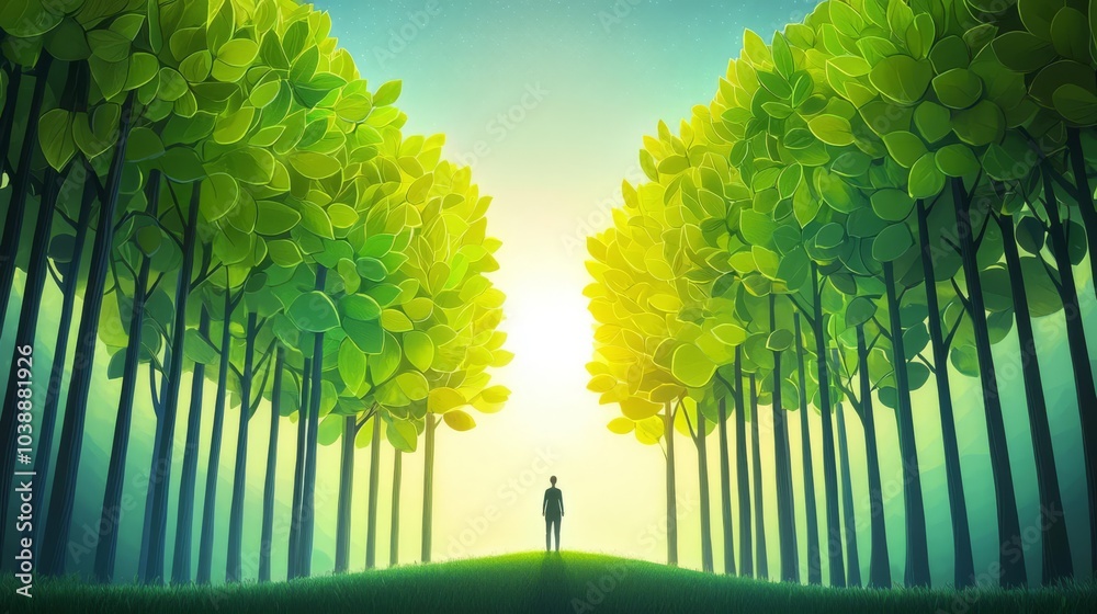 Obraz premium A serene landscape featuring a person standing amidst lush green trees, enveloped in a tranquil atmosphere and dappled sunlight.