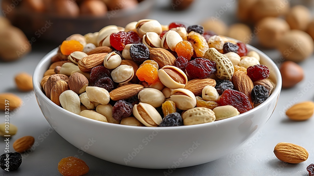 A bowl of mixed nuts and dried fruit. The bowl is white and filled with a variety of nuts and dried fruit mixed nuts and dried fruits with a simple table top in the background, warm dining atmosphere. A bowl of mixed nuts and dried fruit. The bowl is white and filled with a variety of nuts and dried fruit mixed nuts and dried fruits with a simple table top in the background, warm dining atmosphere.