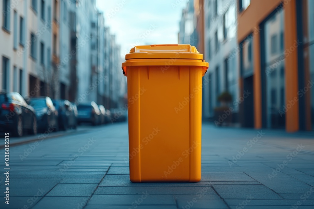 Bright yellow waste container on a city street lined with modern buildings during daylight Bright yellow waste container on a city street lined with modern buildings during daylight
