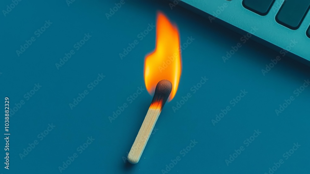A striking matchstick ignited, emitting a vibrant flame on a blue surface, symbolizing light and warmth. A striking matchstick ignited, emitting a vibrant flame on a blue surface, symbolizing light and warmth.
