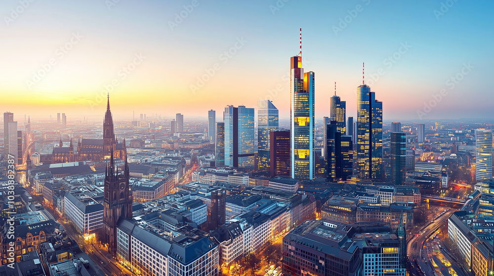 Naklejka premium Sunrise over modern City skyline with iconic skyscrapers and historic architecture