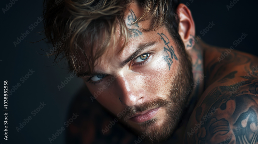 Tattooed man with intense gaze and rugged beard in dramatic lighting Tattooed man with intense gaze and rugged beard in dramatic lighting