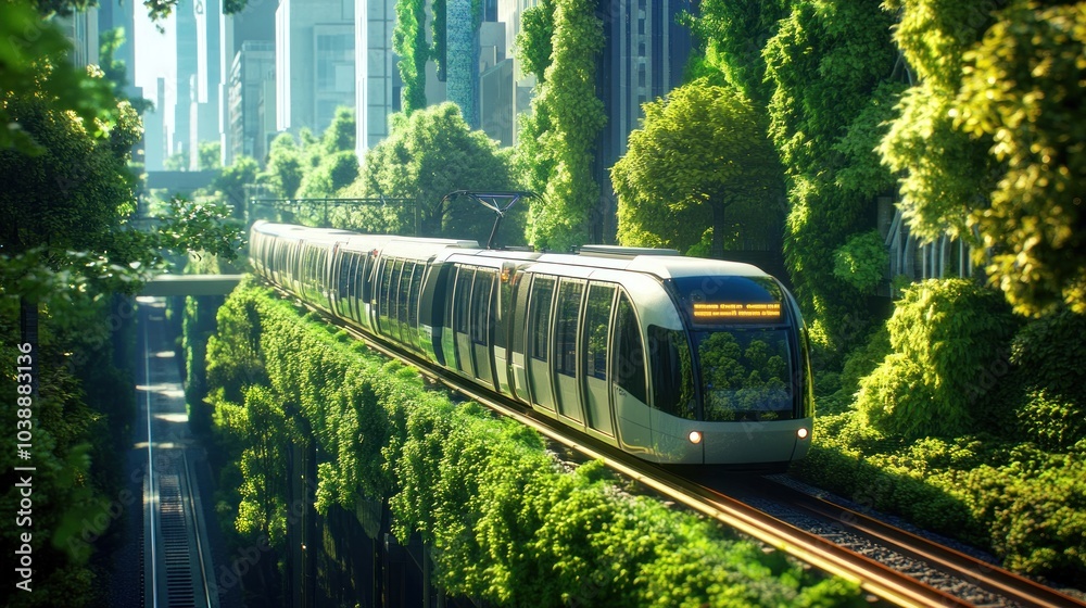Fototapeta premium A futuristic tram glides through a lush, green urban landscape filled with trees.