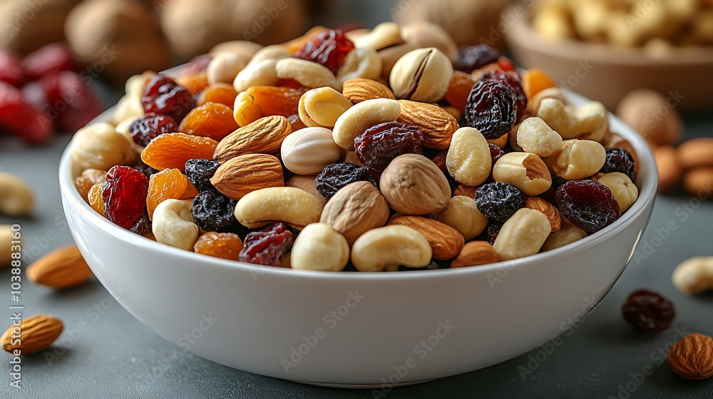 A bowl of mixed nuts and dried fruit. The bowl is white and filled with a variety of nuts and dried fruit mixed nuts and dried fruits with a simple table top in the background, warm dining atmosphere. A bowl of mixed nuts and dried fruit. The bowl is white and filled with a variety of nuts and dried fruit mixed nuts and dried fruits with a simple table top in the background, warm dining atmosphere.
