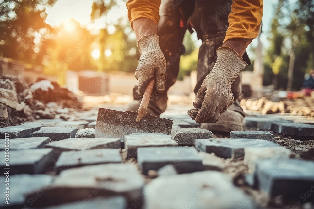 Landscaping worker installing paving stones on a residential driveway at a home improvement site
