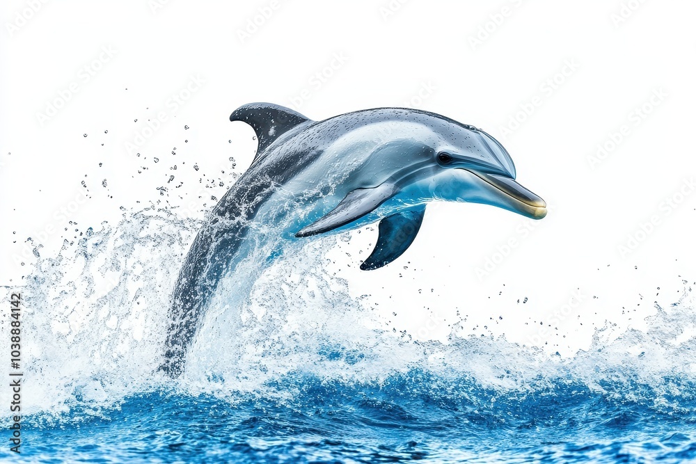 Fototapeta premium Leaping dolphin on a white backdrop with water splashes