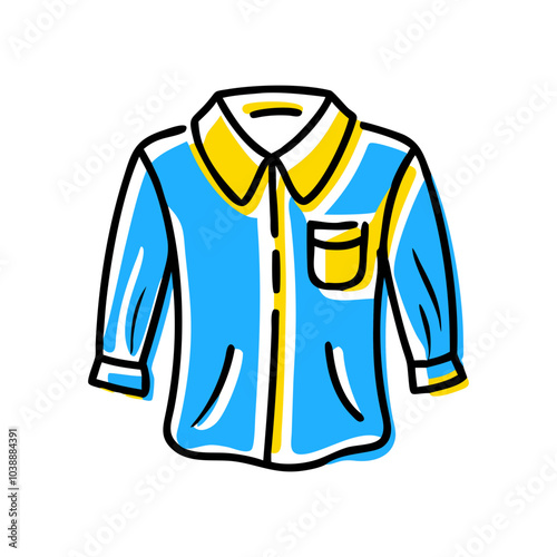 A cartoon drawing of a blue shirt with a yellow collar and a pocket. The shirt is laid out on a white background