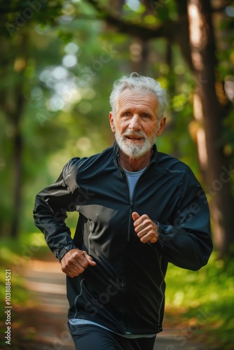 An elderly man is jogging in a summer park. Older people exercise, warm up, or jog