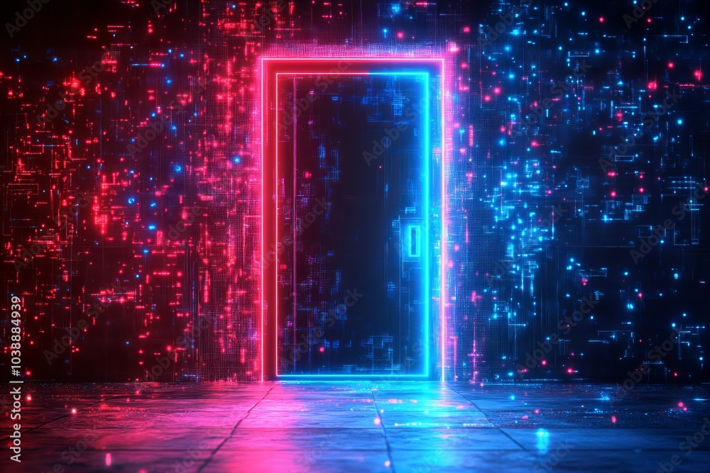Glowing neon digital door portal with bright light effects in futuristic abstract cyberpunk landscape new beautiful stock image illustration AI Glowing neon digital door portal with bright light effects in futuristic abstract cyberpunk landscape new beautiful stock image illustration AI