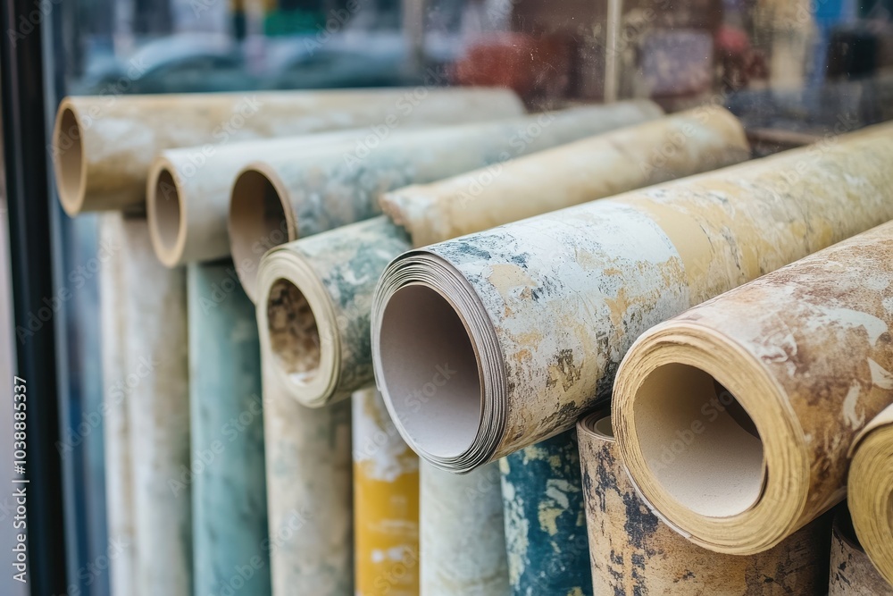 Linoleum rolls on display Different flooring for sale at the market Increasing costs of construction materials Linoleum rolls on display Different flooring for sale at the market Increasing costs of construction materials