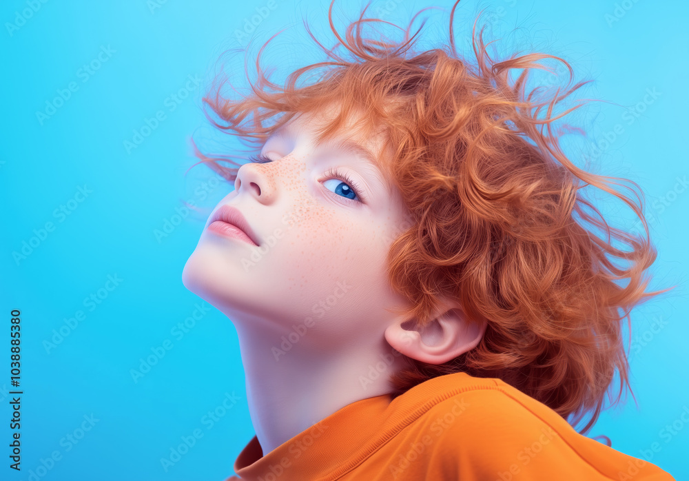 Boy with curly red hair poses against a vibrant blue background in a bright orange top Boy with curly red hair poses against a vibrant blue background in a bright orange top