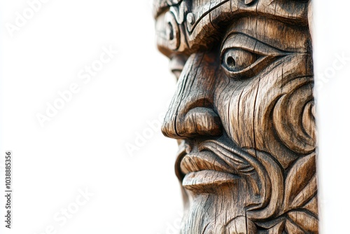 Lonely image of a wooden carved idol of an ancient pagan deity on a white backdrop