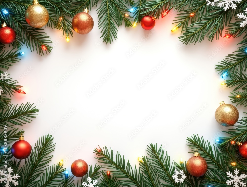 Christmas border with conifer branches and garlands of Christmas lights isolated on white background Christmas border with conifer branches and garlands of Christmas lights isolated on white background