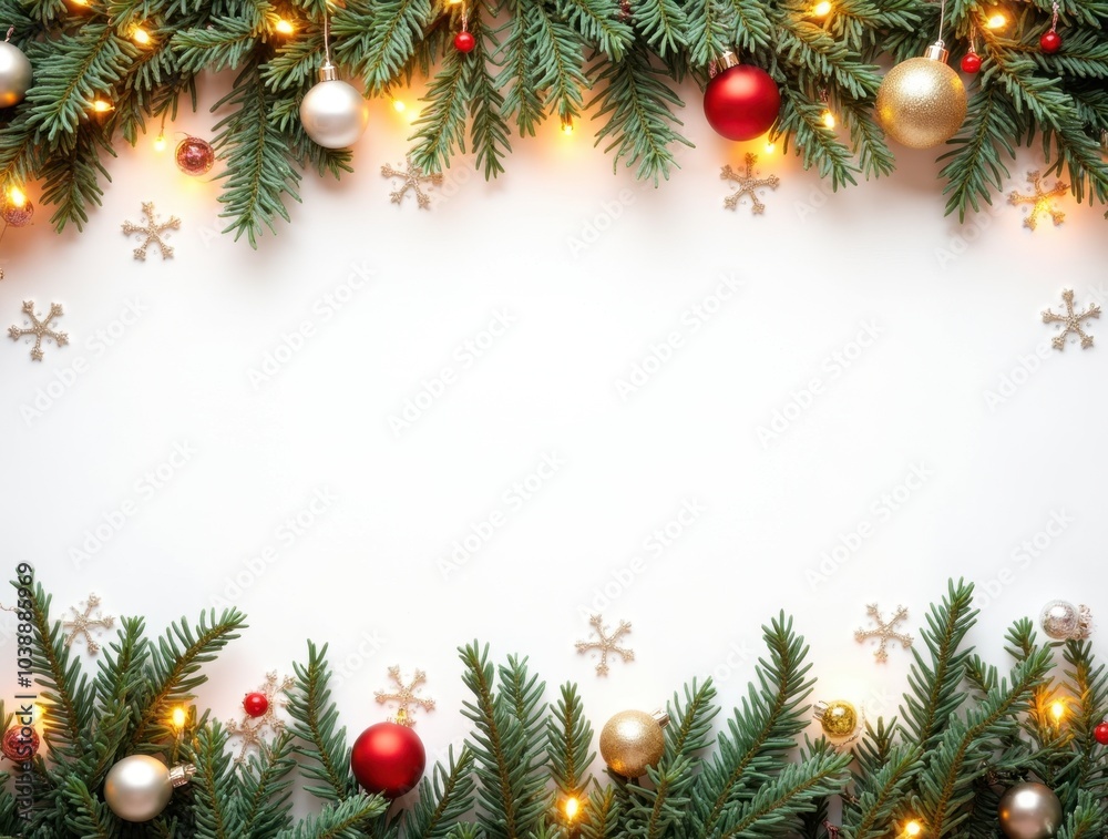 Christmas border with conifer branches and garlands of Christmas lights isolated on white background Christmas border with conifer branches and garlands of Christmas lights isolated on white background