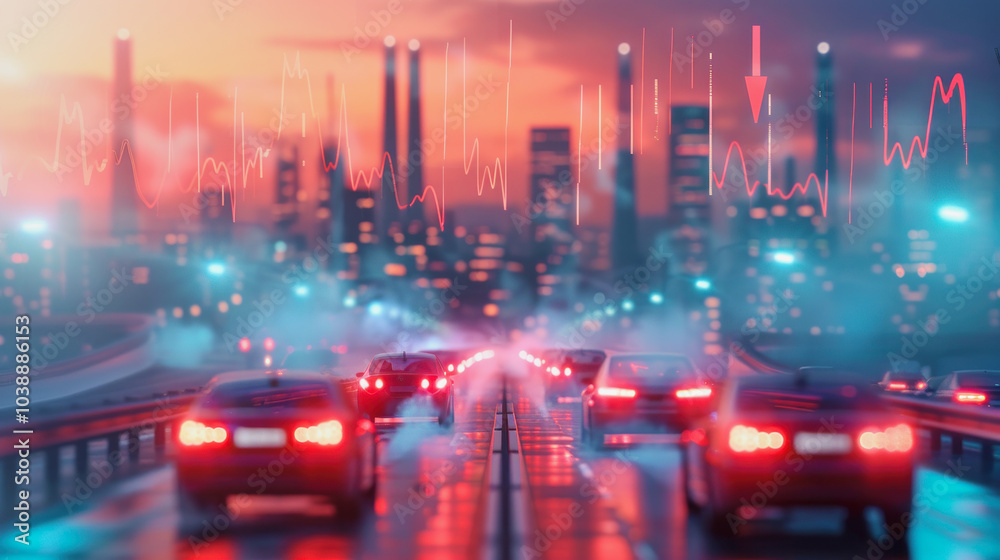Fototapeta premium Traffic congestion in a city at dusk highlights the impact of pollution from vehicles on urban air quality