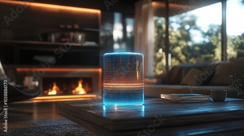 Wallpaper Mural High-Tech AI Assistant Device in a Smart Home Environment, glowing wireframe Torontodigital.ca