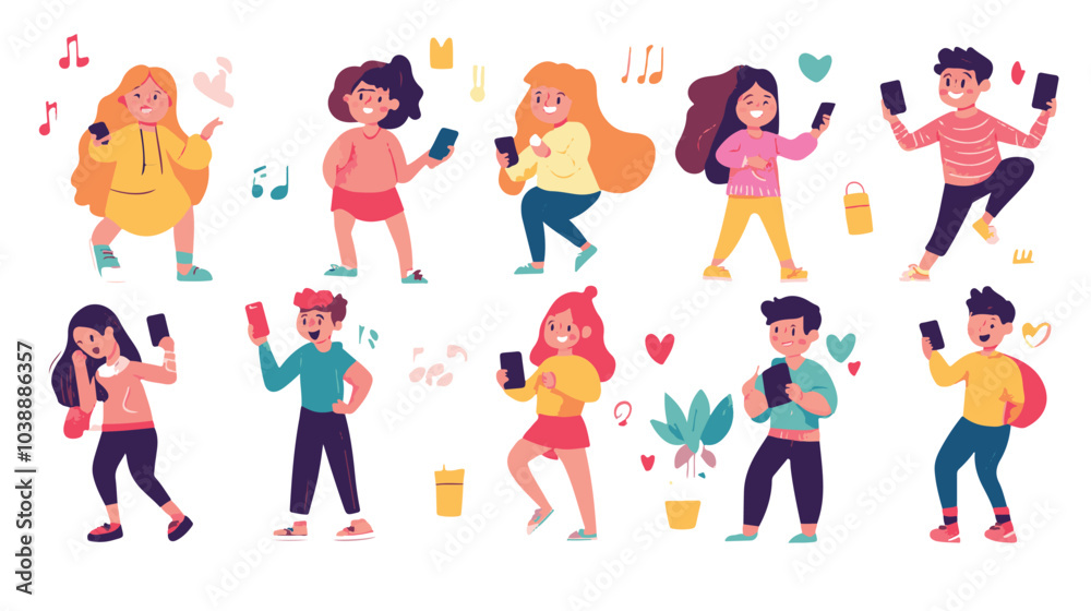 Young People use Smartphones, Chatting, making Selfie and listening Music. Happy Boys and Girls talking and typing on Phone, Vector Illustration. Young People use Smartphones, Chatting, making Selfie and listening Music. Happy Boys and Girls talking and typing on Phone, Vector Illustration.