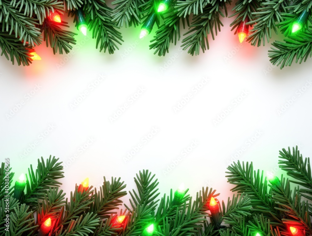 Christmas border with conifer branches and garlands of Christmas lights isolated on white background Christmas border with conifer branches and garlands of Christmas lights isolated on white background