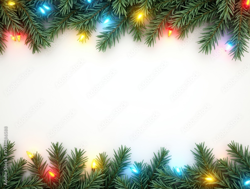 Christmas border with conifer branches and garlands of Christmas lights isolated on white background Christmas border with conifer branches and garlands of Christmas lights isolated on white background