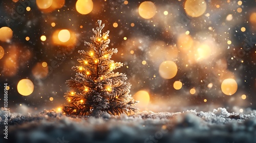 A peaceful winter evening with a glowing pine tree, golden bokeh lights shimmering amidst the softly falling snowflakes.