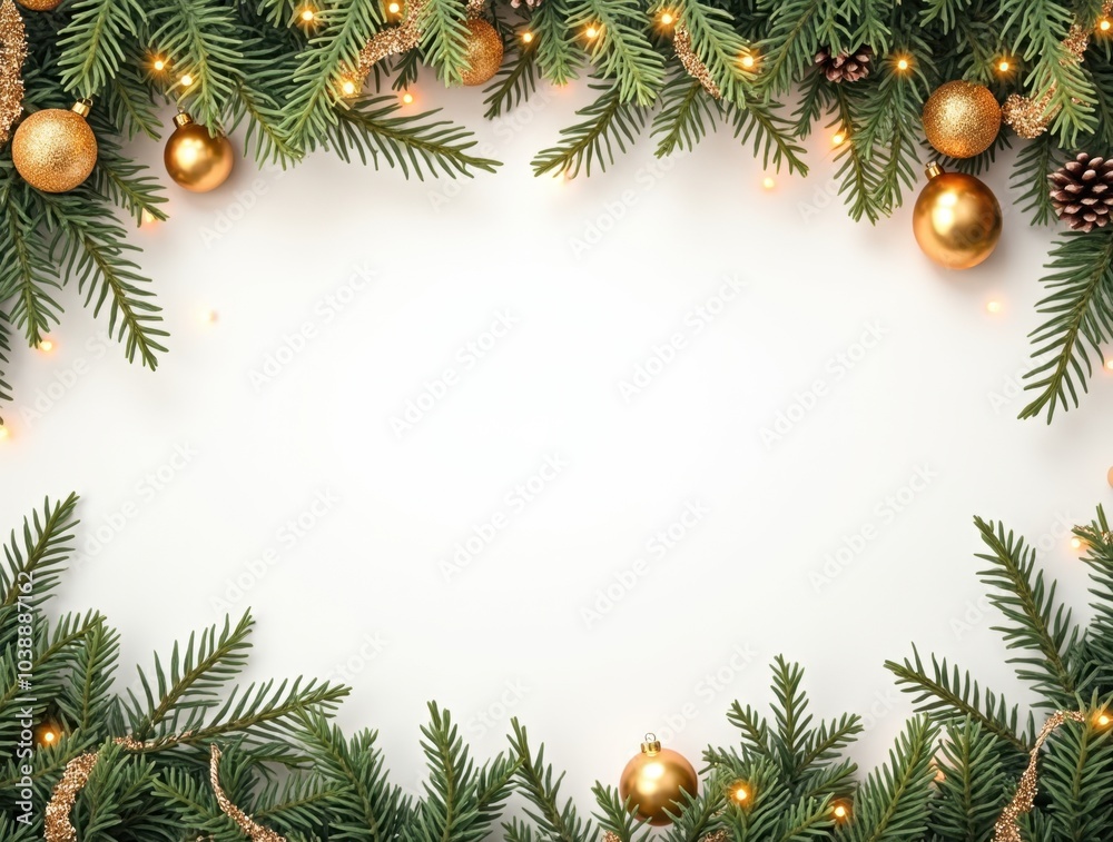 Christmas border with conifer branches and garlands of Christmas lights isolated on white background Christmas border with conifer branches and garlands of Christmas lights isolated on white background
