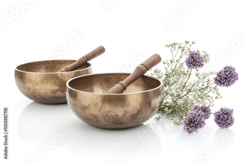 Meditation or massage bronze bowls with hammers on a white backdrop blurred focus