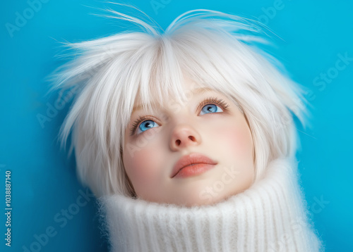 Young girl with white hair gazing upward, wearing a cozy sweater against a bright blue background