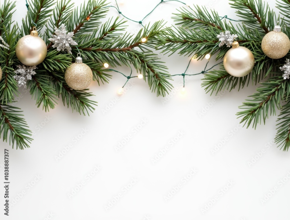 Christmas border with conifer branches and garlands of Christmas lights isolated on white background Christmas border with conifer branches and garlands of Christmas lights isolated on white background