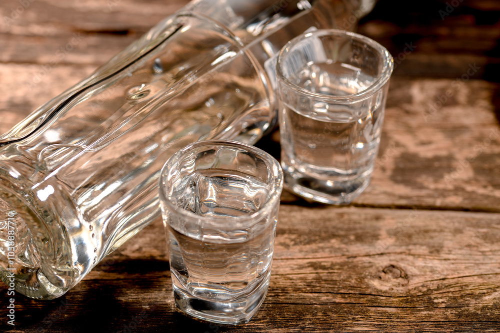 Set of vodka bottle and two glasses Set of vodka bottle and two glasses
