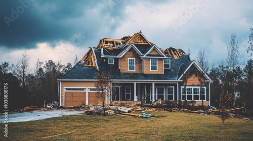 A house stands severely damaged with its roof missing evidence of a recent tornado photo