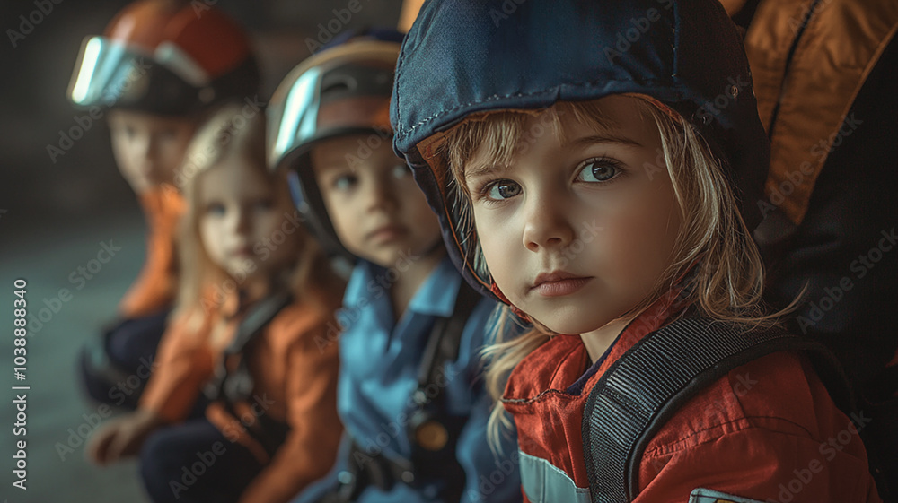 A cute photo of 4-5 year old children in specialist costumes. Children's dream, what children dream to be. Close-up photo. Cinematic shot of children, 2 girls and 2 boys. A cute photo of 4-5 year old children in specialist costumes. Children's dream, what children dream to be. Close-up photo. Cinematic shot of children, 2 girls and 2 boys.