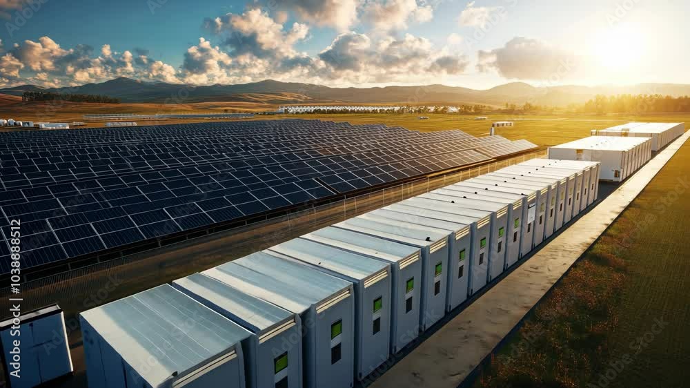 A large solar farm with rows of solar panels and a battery storage system
