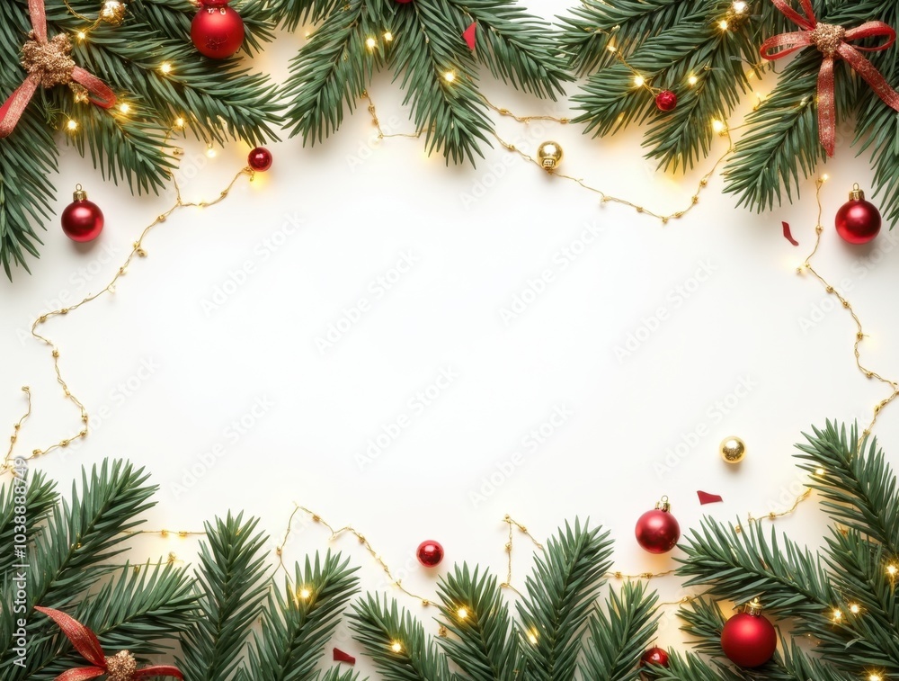 Christmas border with conifer branches and garlands of Christmas lights isolated on white background Christmas border with conifer branches and garlands of Christmas lights isolated on white background