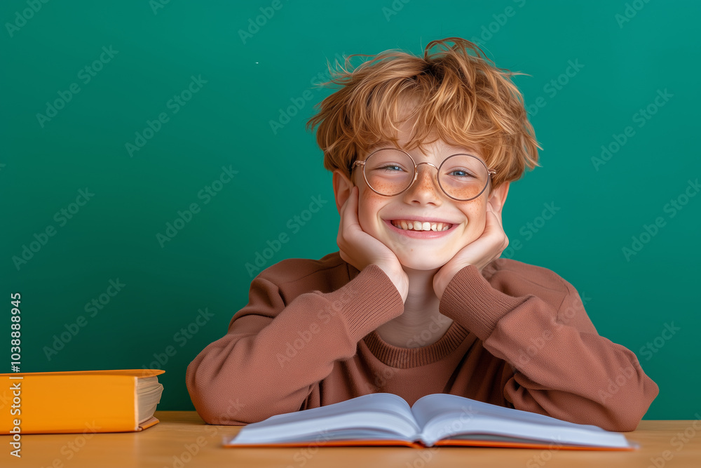 Cheerful boy with glasses studying at a wooden desk in a classroom, enjoying reading at midday Cheerful boy with glasses studying at a wooden desk in a classroom, enjoying reading at midday