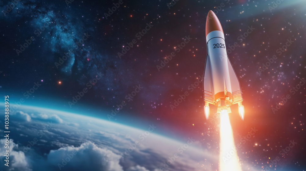 A bright rocket launches into space against a backdrop of clouds and stars, marking a significant milestone in space exploration plans for 2025 A bright rocket launches into space against a backdrop of clouds and stars, marking a significant milestone in space exploration plans for 2025