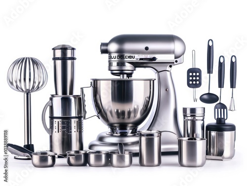 Stainless steel kitchen mixer with various attachments isolated on white background