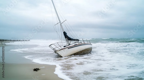 A sailboat is beached on the shore with waves washing against its hull on a gray day