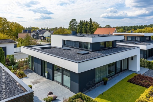 Modern homes in a neighborhood featuring gravel covered flat roofs photo