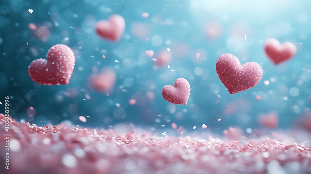 Pink hearts floating in the air, surrounded by a bokeh of pink lights, and a background of blue. Pink hearts floating in the air, surrounded by a bokeh of pink lights, and a background of blue.