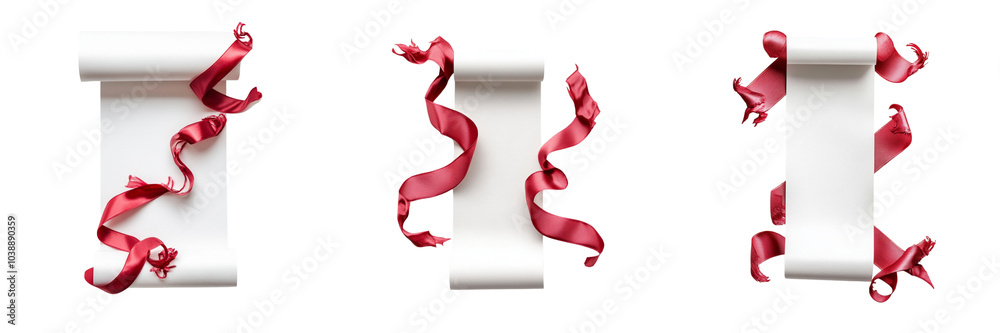 Set of A beautifully wrapped Christmas gift with a vibrant red ribbon bow atop a festive greeting card. The card is propped slightly open on transparent background. Ai generated