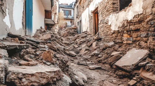 Buildings show severe damage and cracked foundations amid rubble after the earthquake